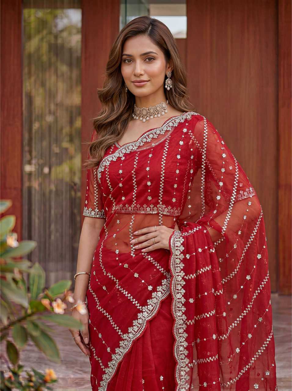 Satin Embroidered Saree