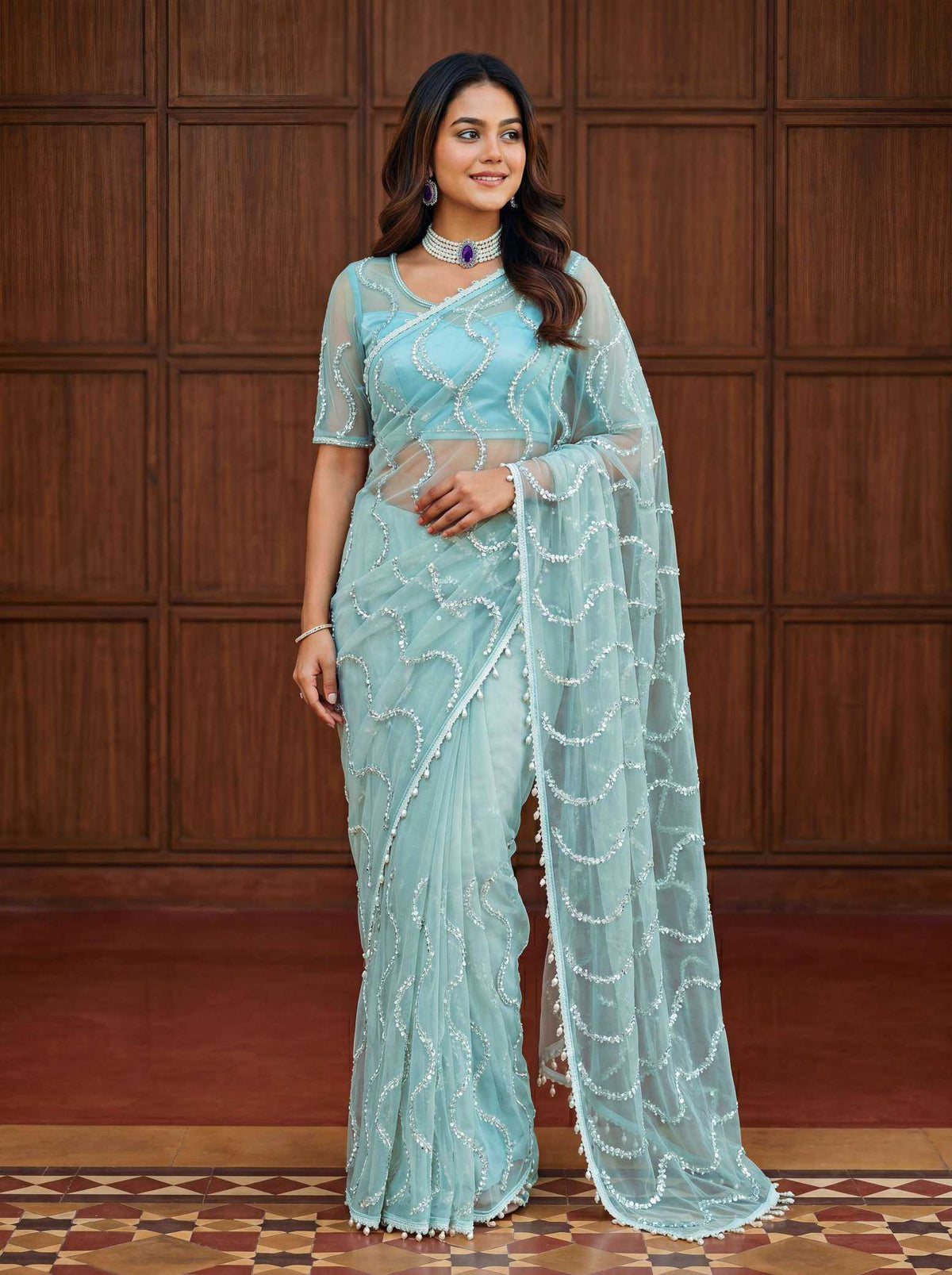 Soft Net Sequence Saree in Black