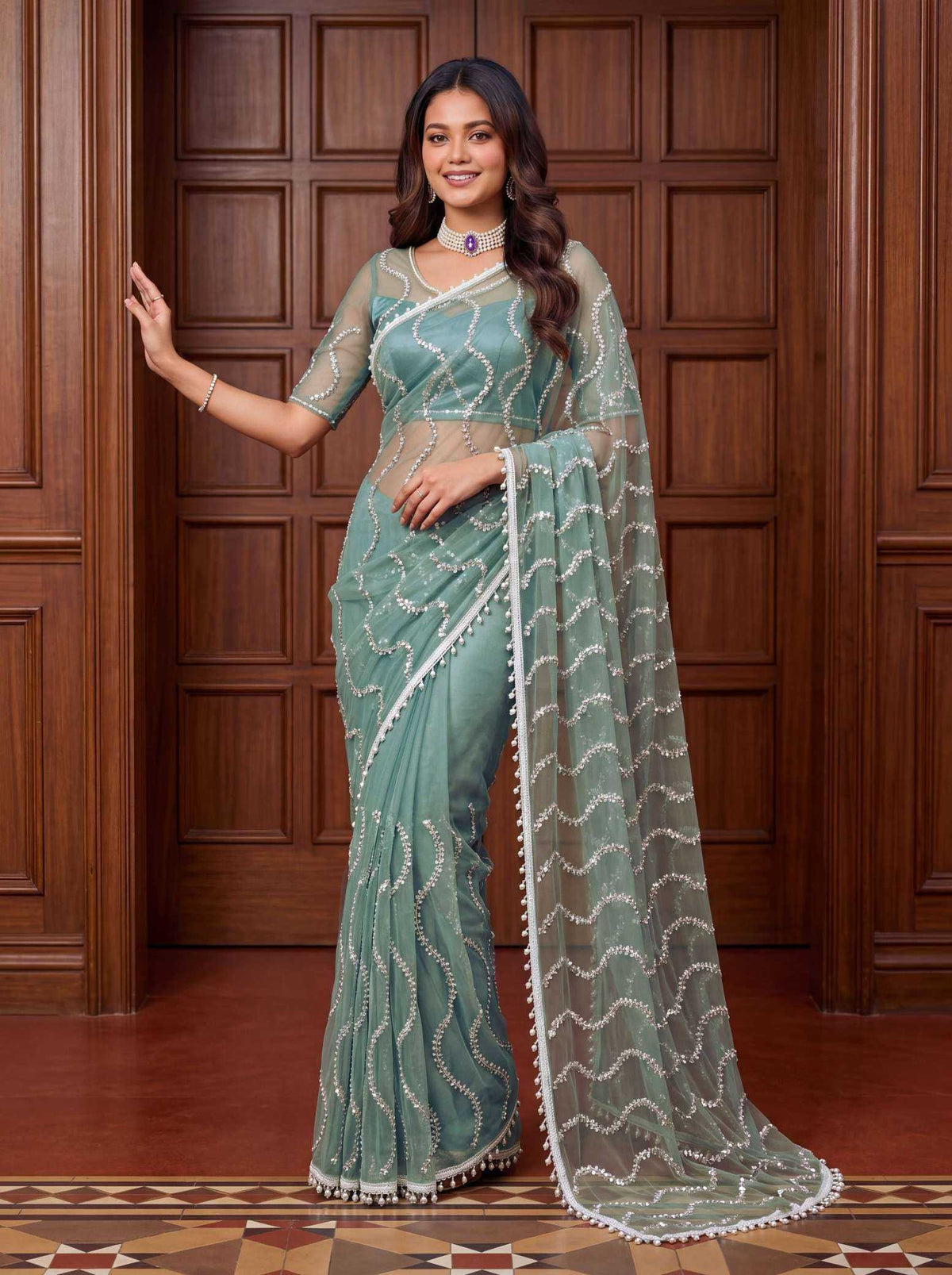 Soft Net Sequence Saree in Black