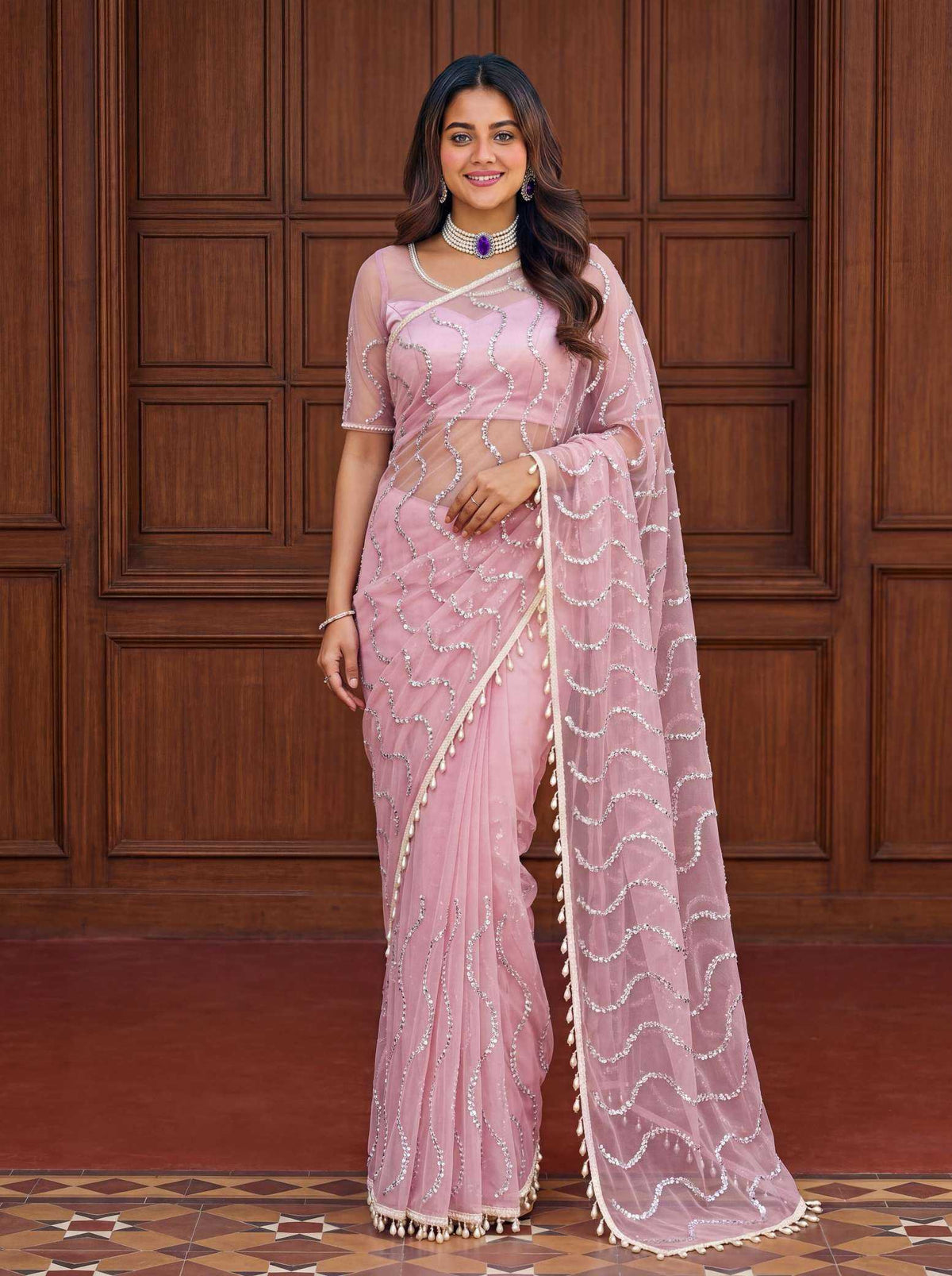 Soft Net Sequence Saree in Black