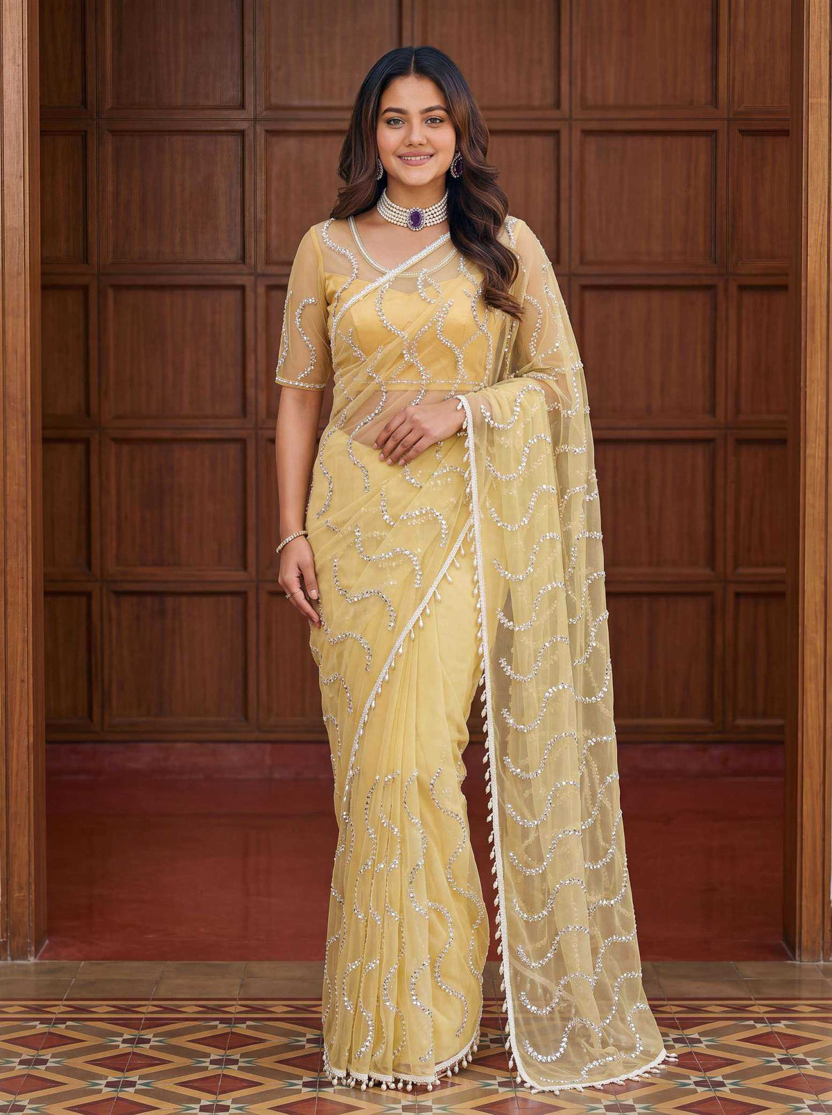Soft Net Sequence Saree in Black