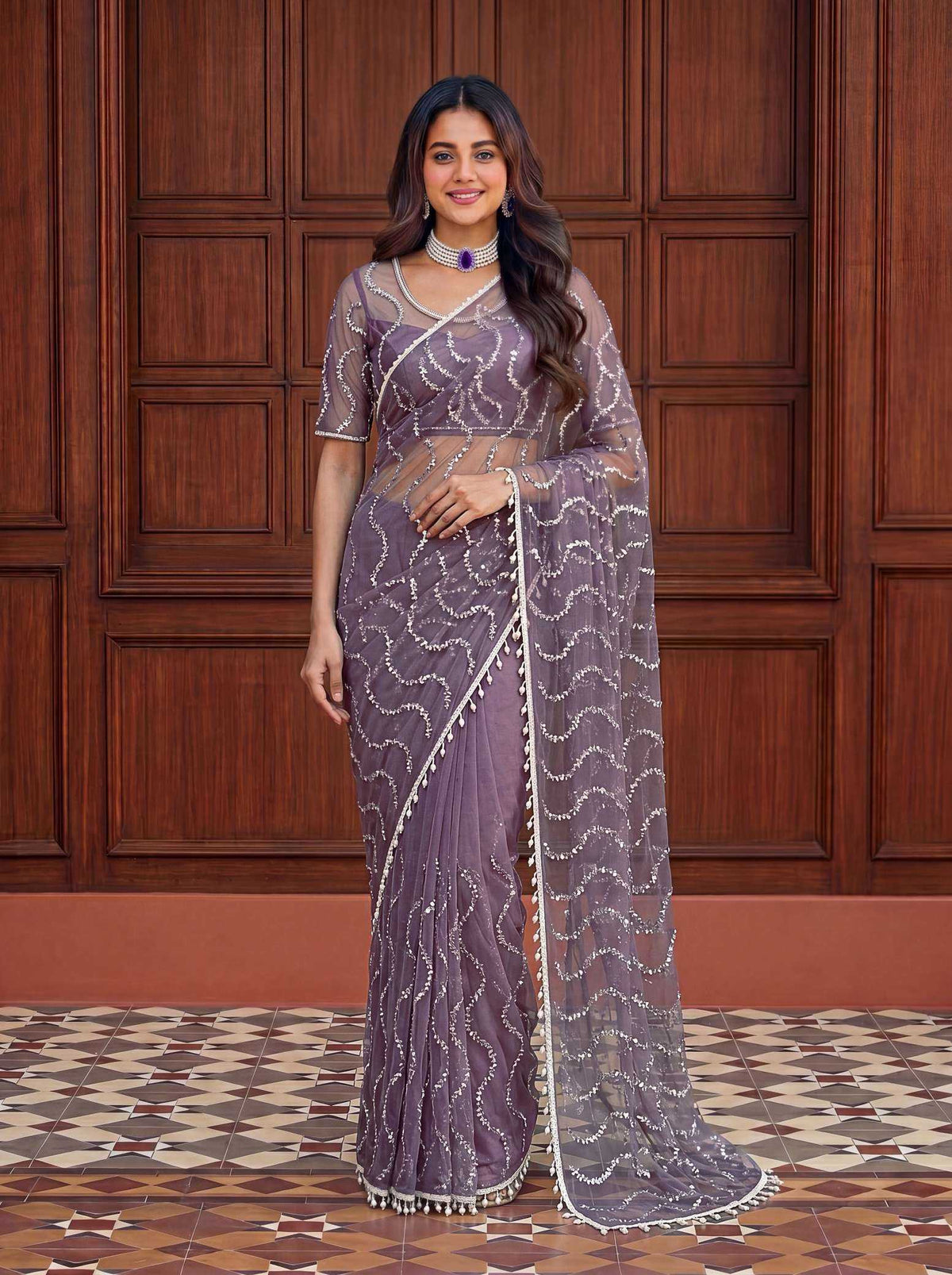 Soft Net Sequence Saree in Black