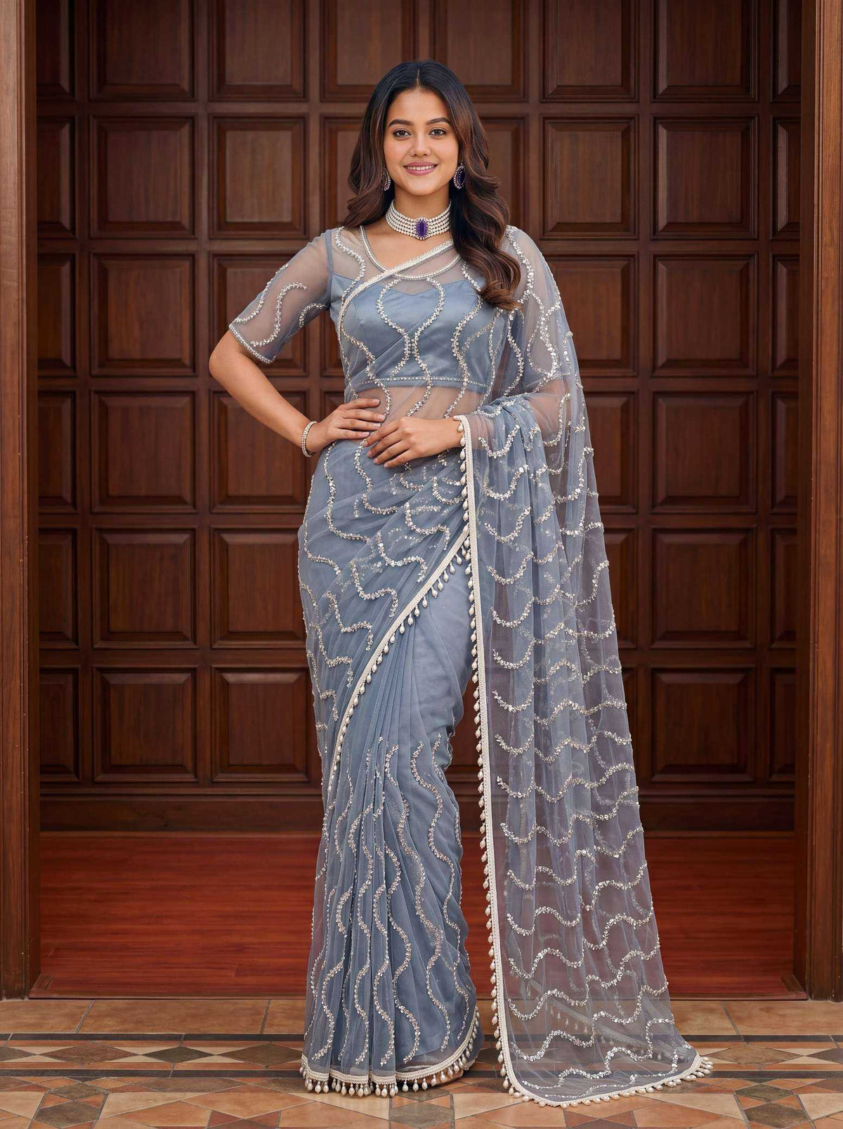 Soft Net Sequence Saree in Black