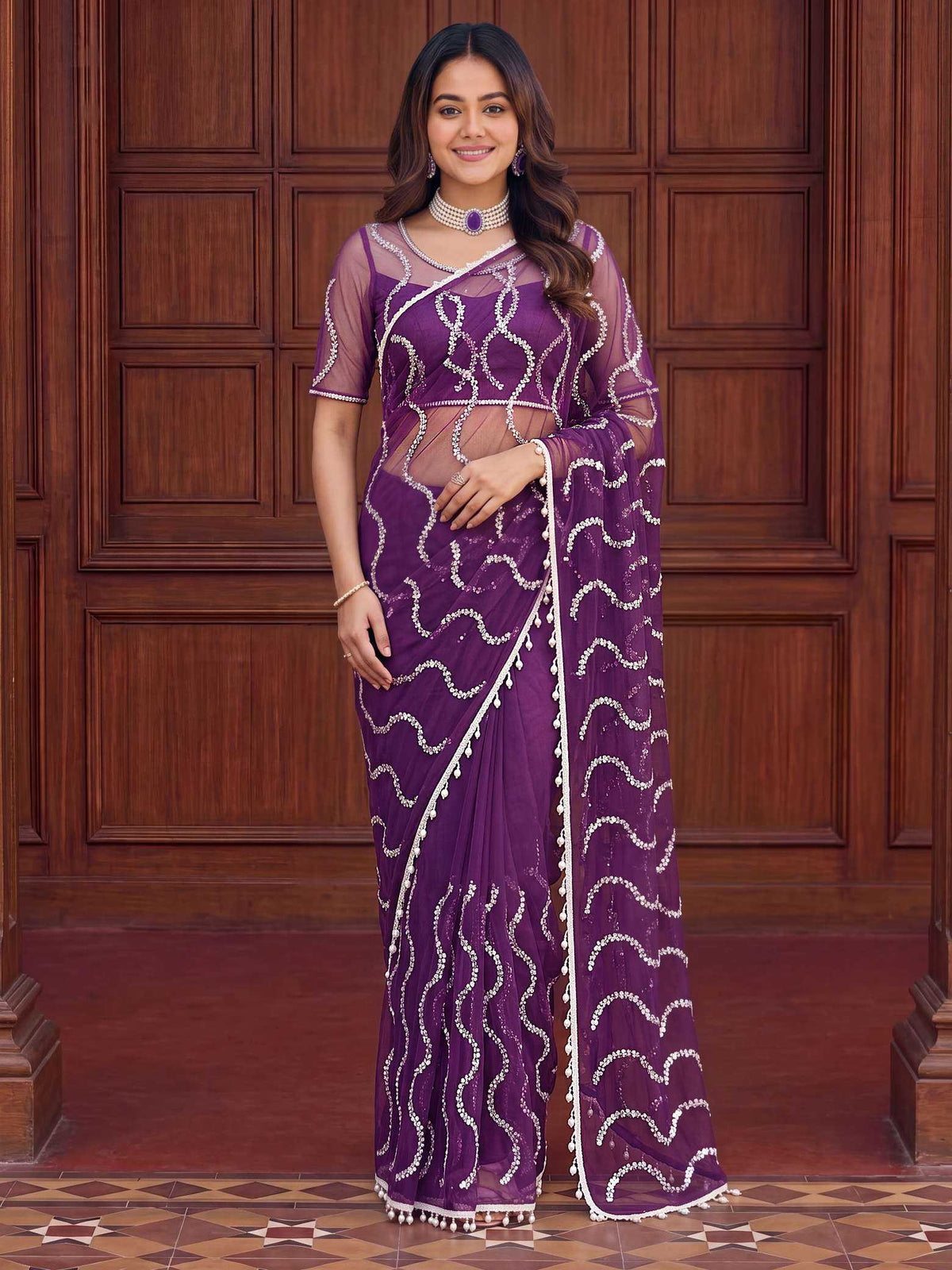 Soft Net Sequence Saree in Black