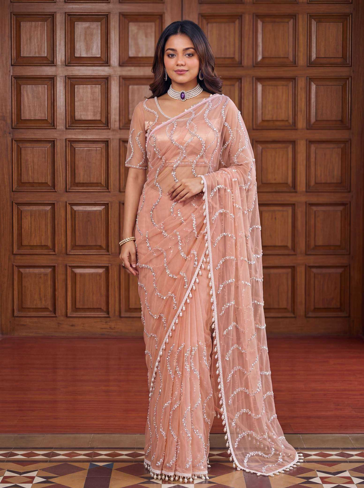 Soft Net Sequence Saree in Black