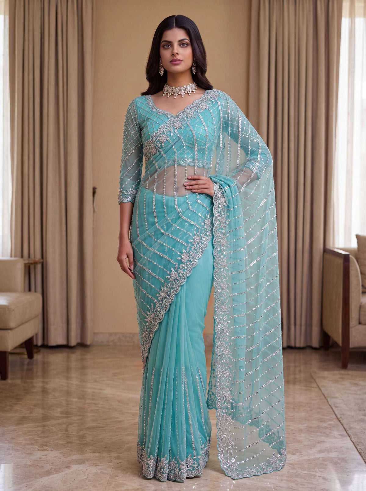 Net Sequence Saree