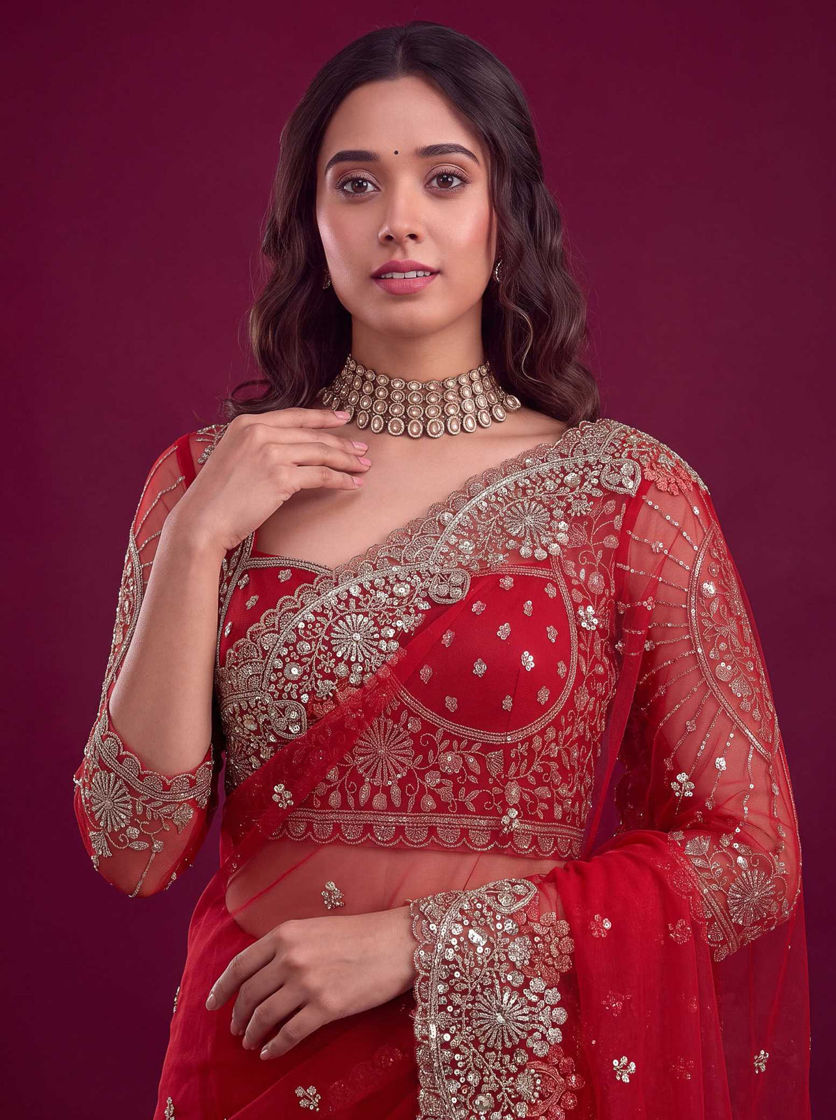 Soft Net Sequence Saree in Fern Green