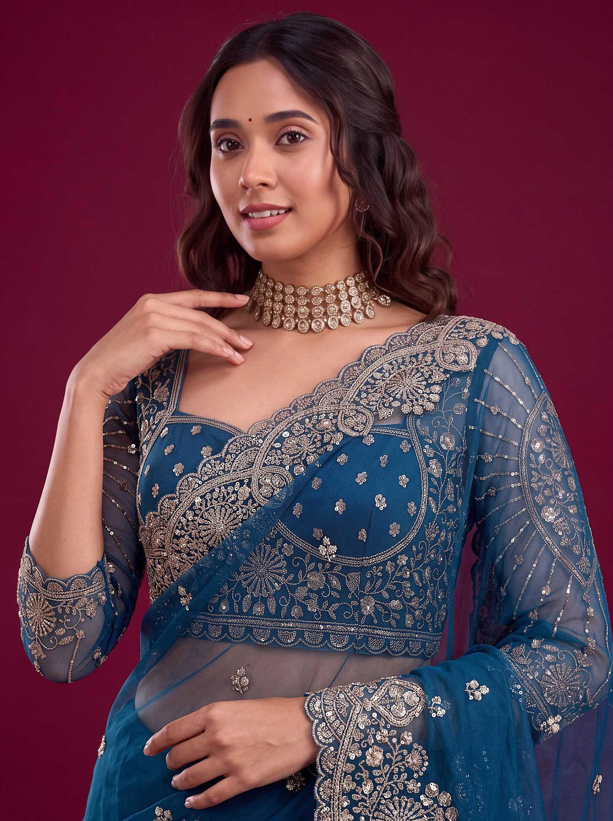Soft Net Sequence Saree in Fern Green