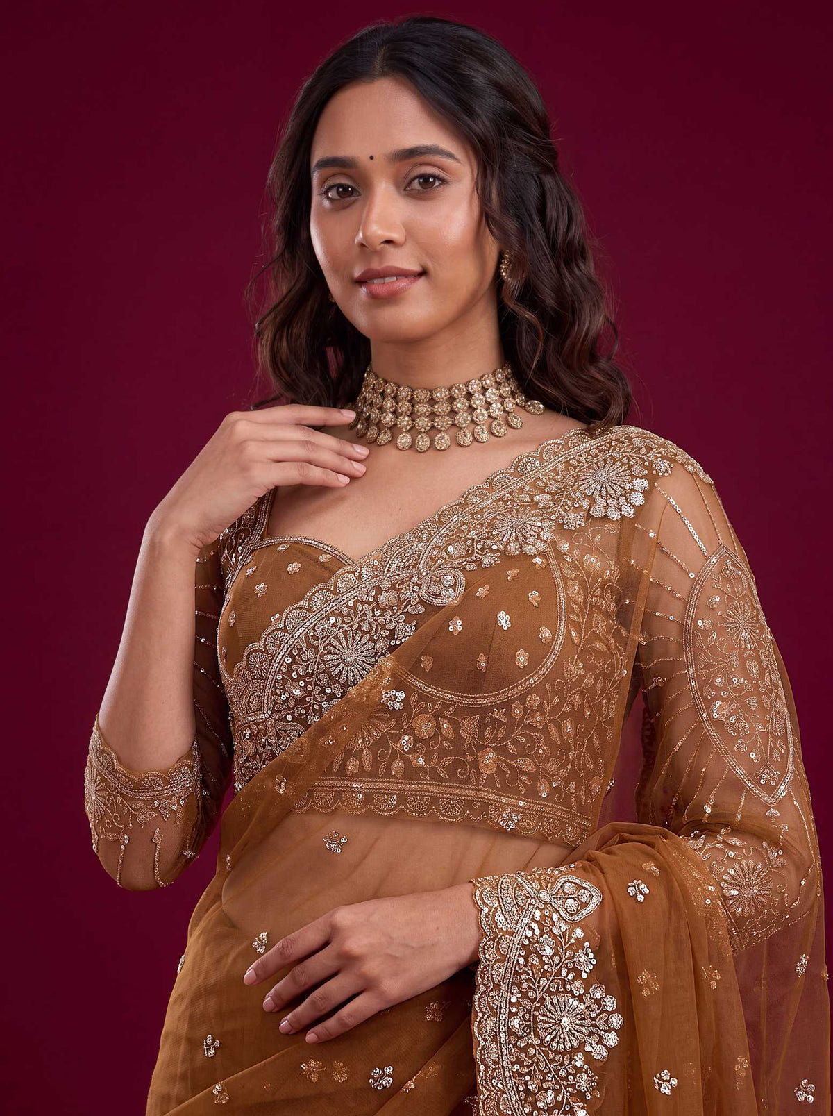 Soft Net Sequence Saree in Fern Green