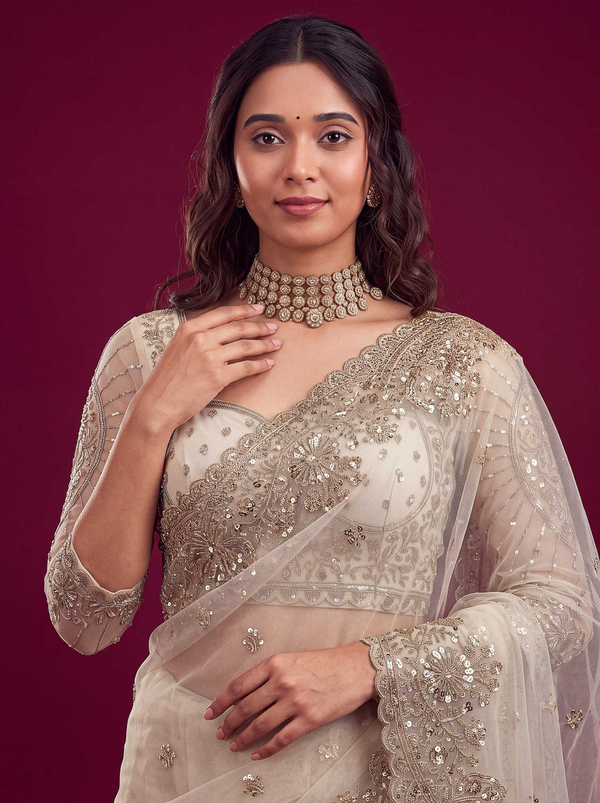Soft Net Sequence Saree in Fern Green