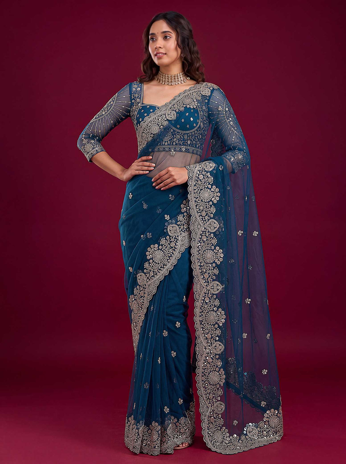 Soft Net Sequence Saree in Fern Green