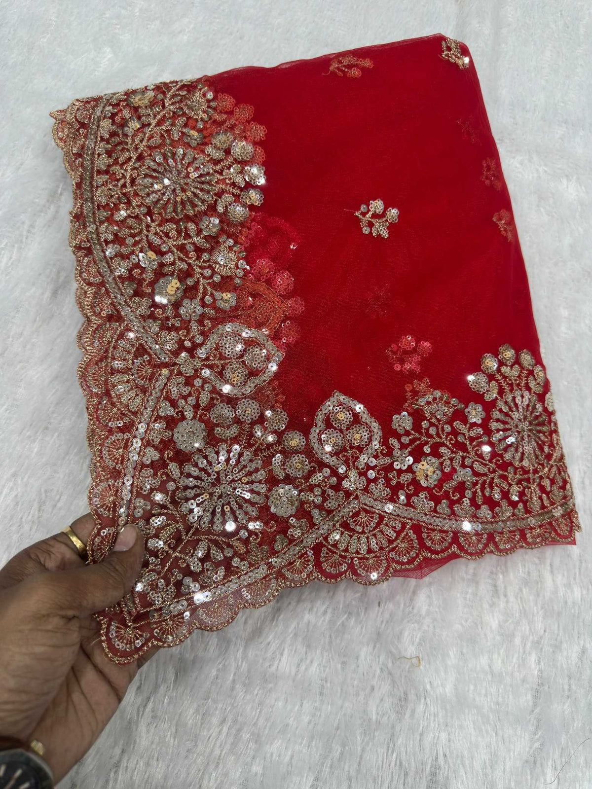 Soft Net Sequence Saree in Fern Green