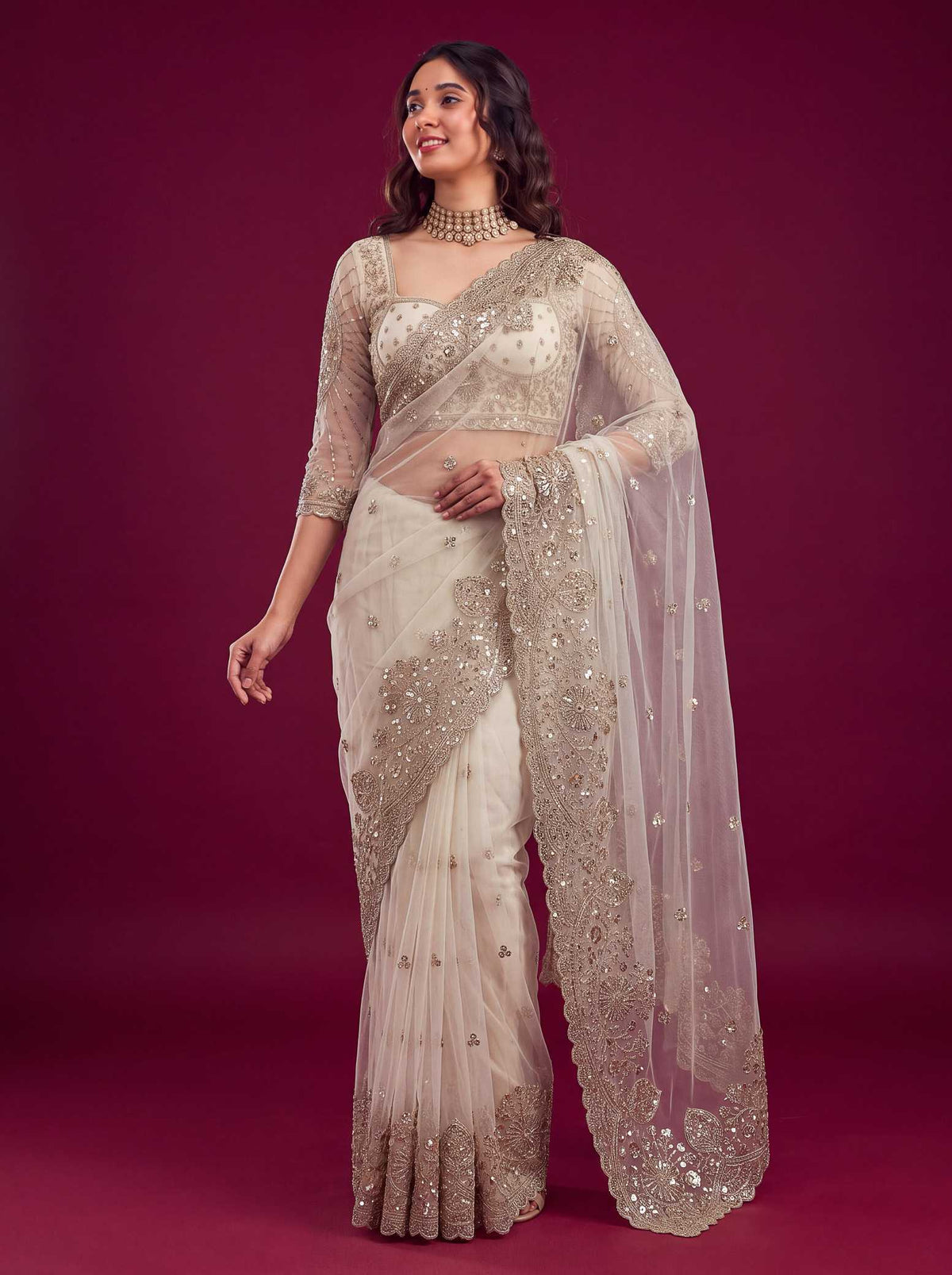 Soft Net Sequence Saree in Fern Green