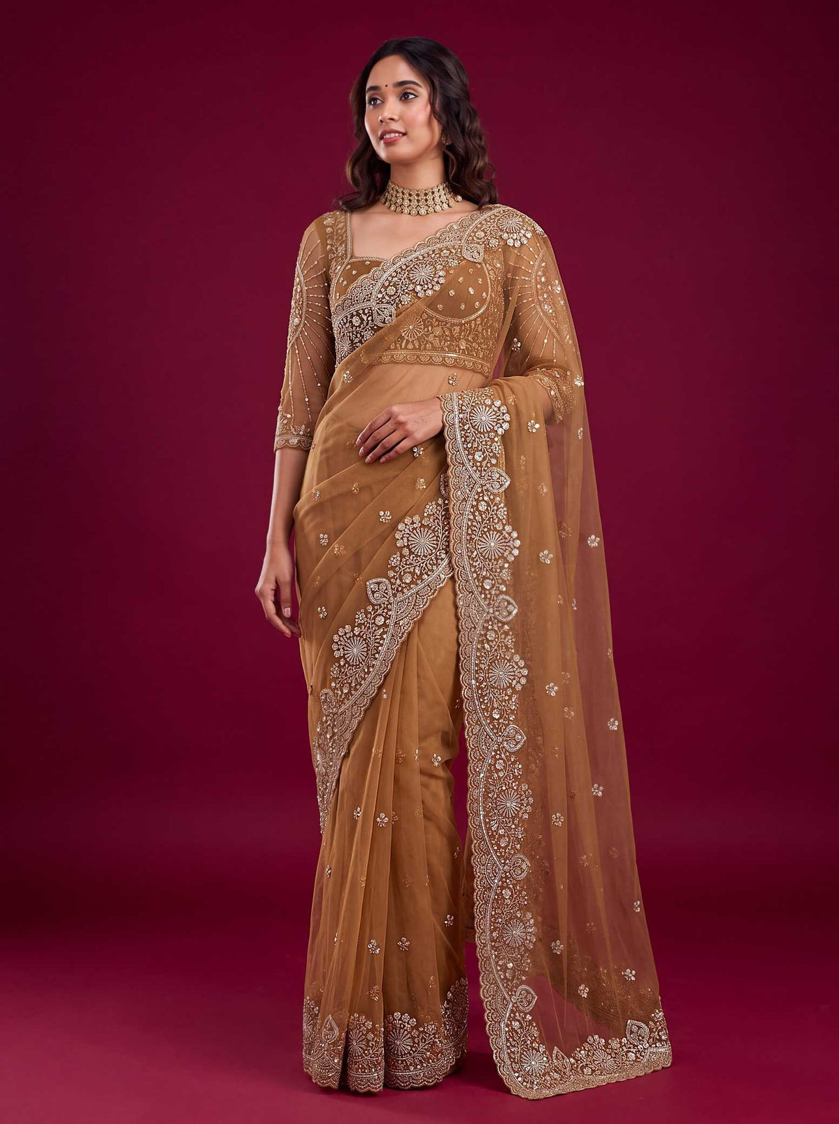 Soft Net Sequence Saree in Fern Green