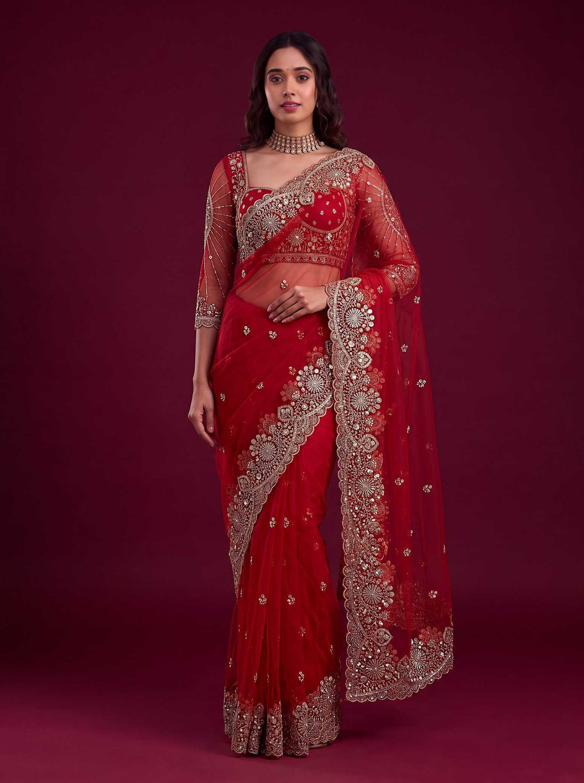 Soft Net Sequence Saree in Fern Green