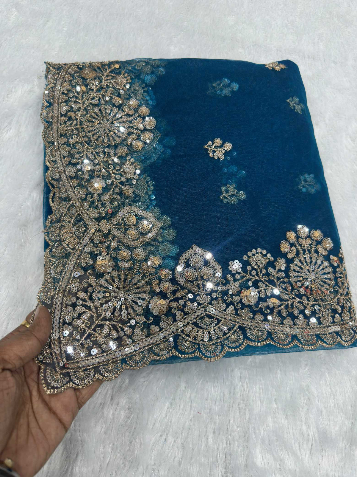 Soft Net Sequence Saree in Fern Green