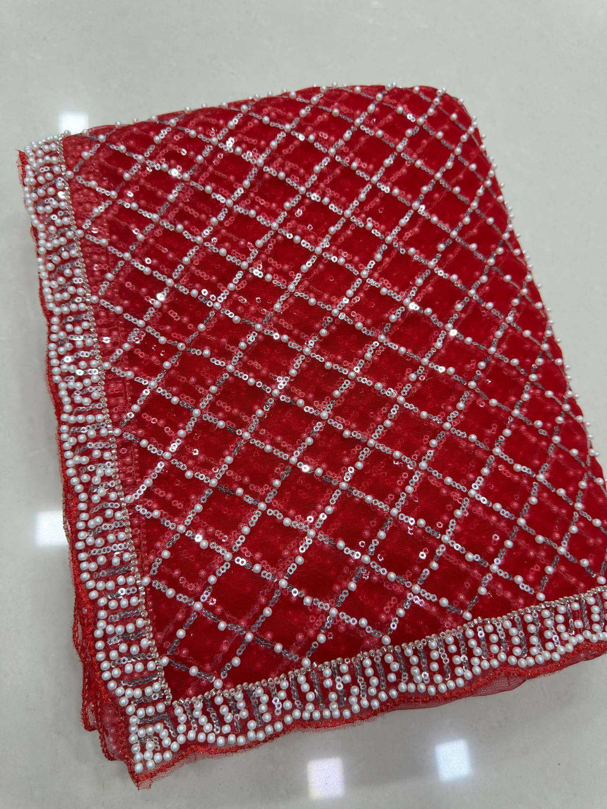 Net Sequence Saree in Red