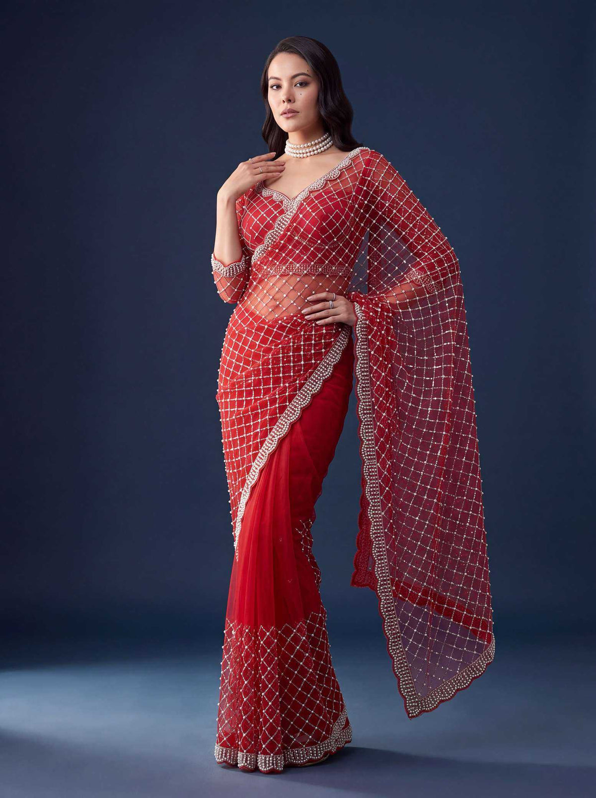 Net Sequence Saree in Red