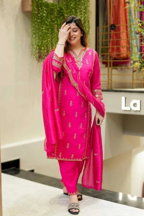 Chanderi Soft Designer Kurti in Rani