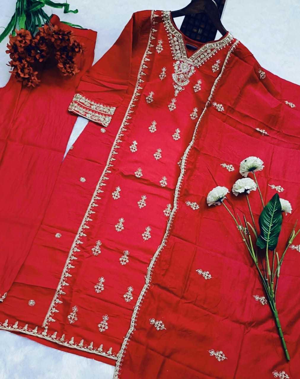 Chanderi Soft Designer Kurti in Rani