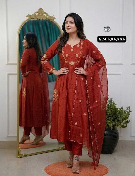 Chanderi Silk Embroidery Suit in Red