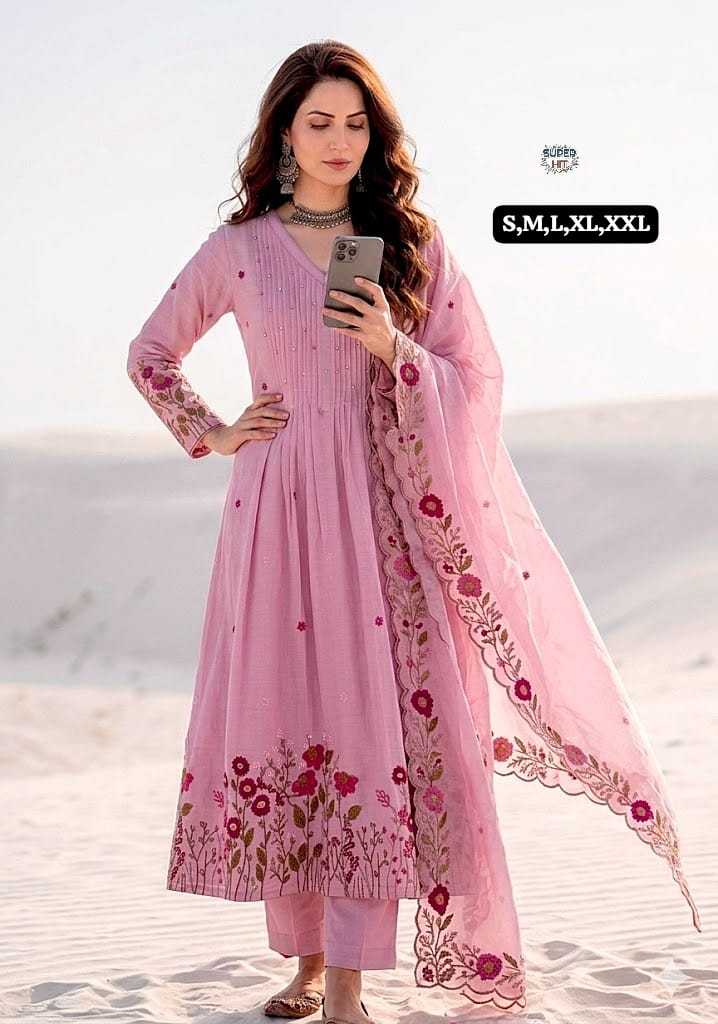 Chanderi Silk Embroidered Kurti in Baby Pink