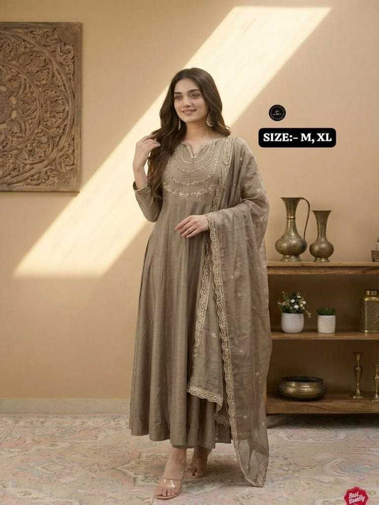 Vichitra Silk Embroidered Kurti in Brown Bramble