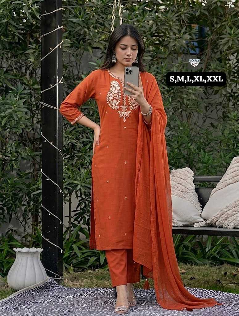 Chanderi Silk Embroidery Suit in Orange