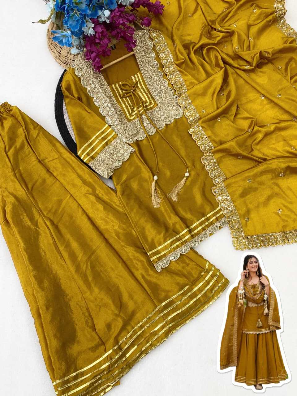 Chinon Embroidery Suit in Mustard