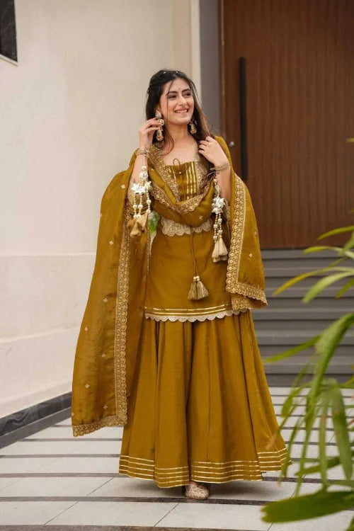 Chinon Embroidery Suit in Mustard