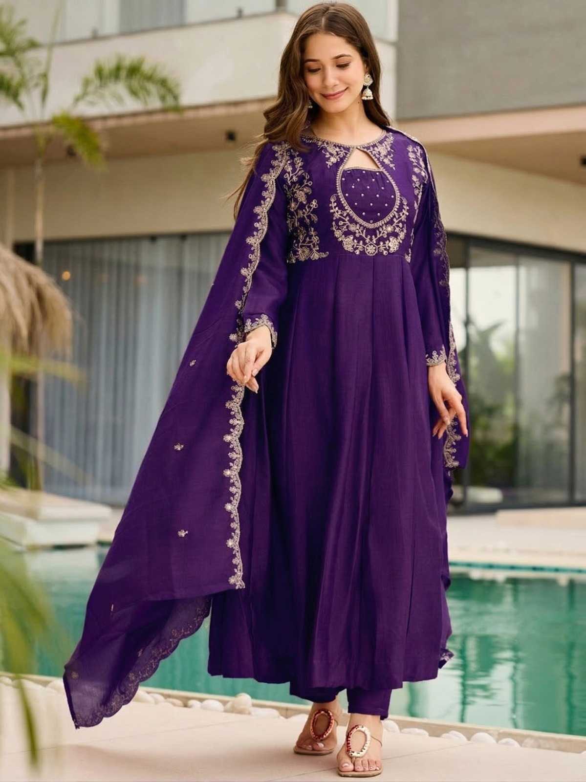 Soft Vichitra Embroidery Gown in Orange