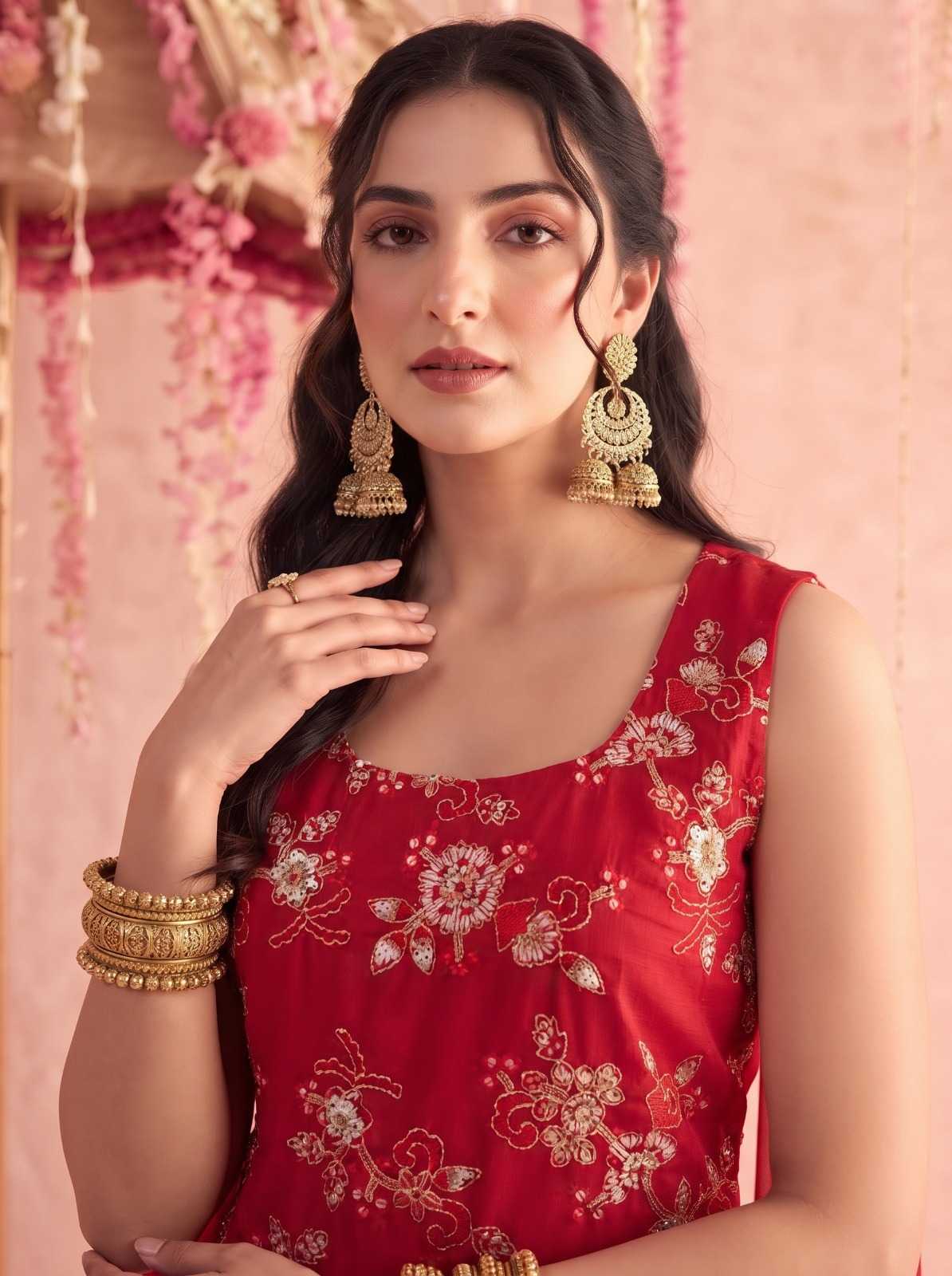 Faux Georgette Suit in Red