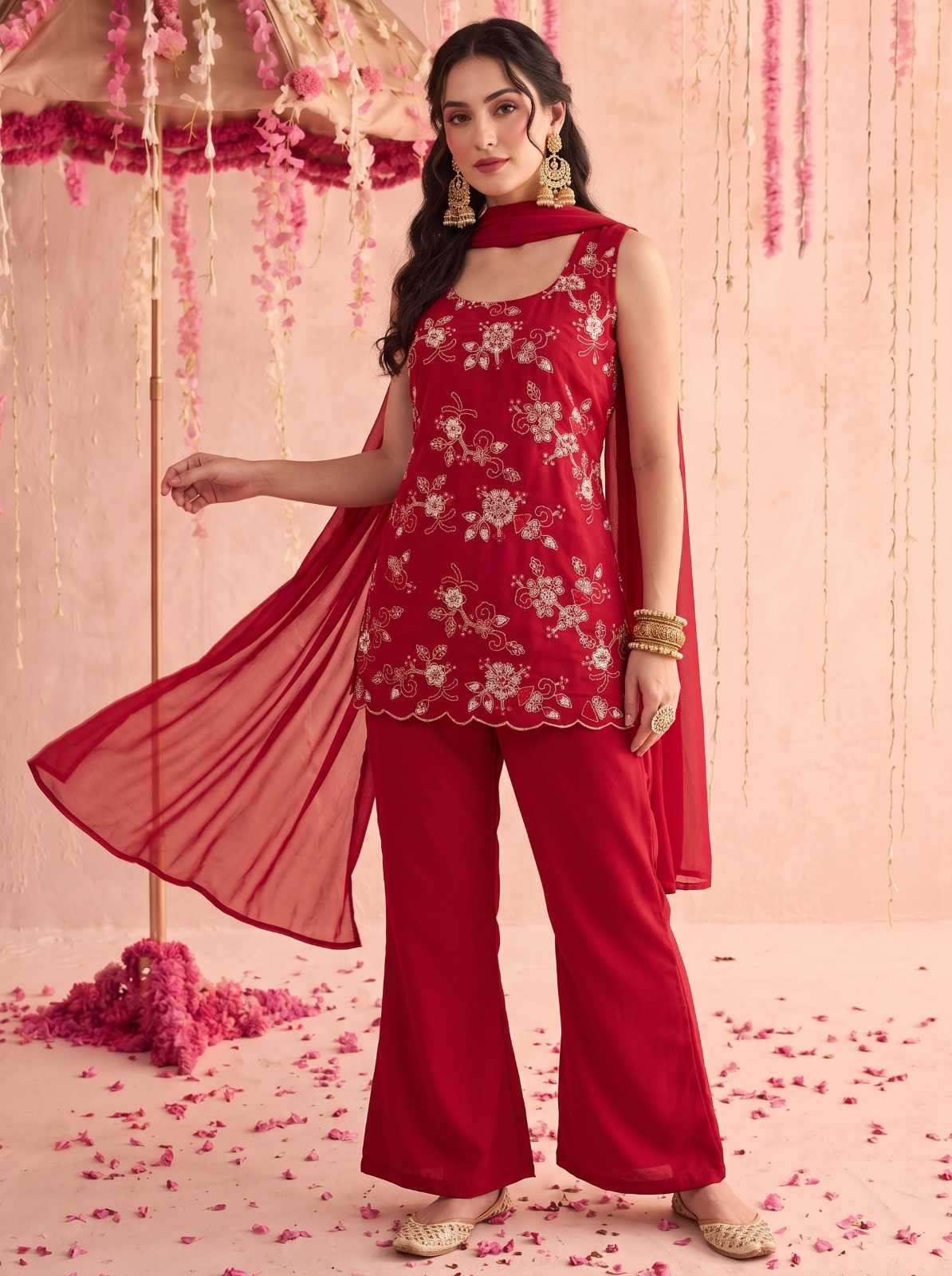 Faux Georgette Suit in Red
