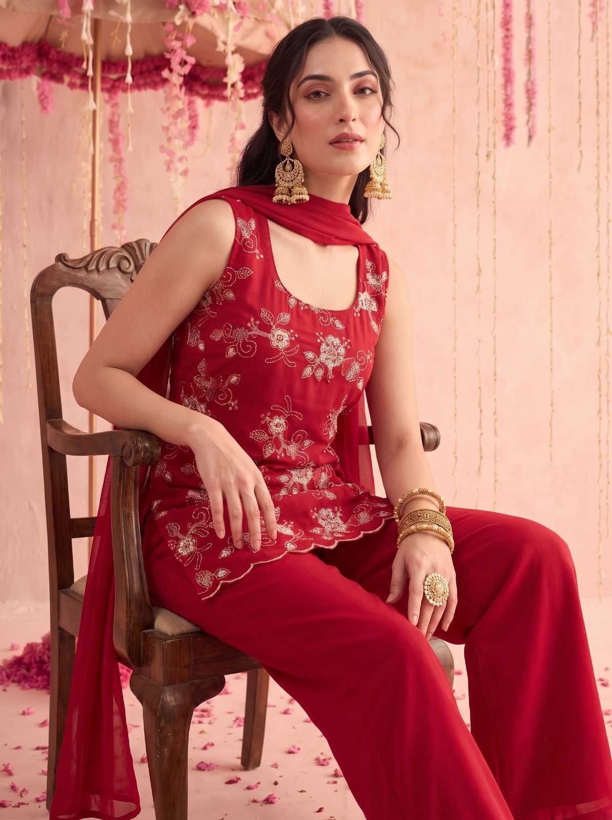 Faux Georgette Suit in Red