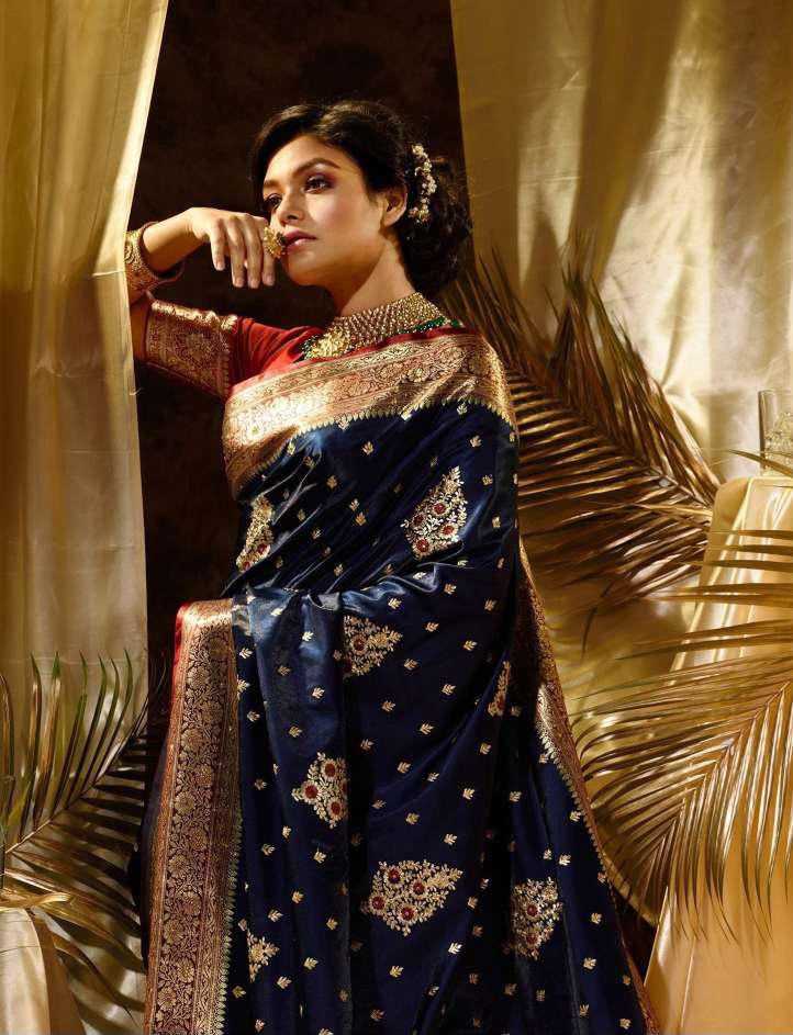Lichi Silk Designer Saree in Navy Blue