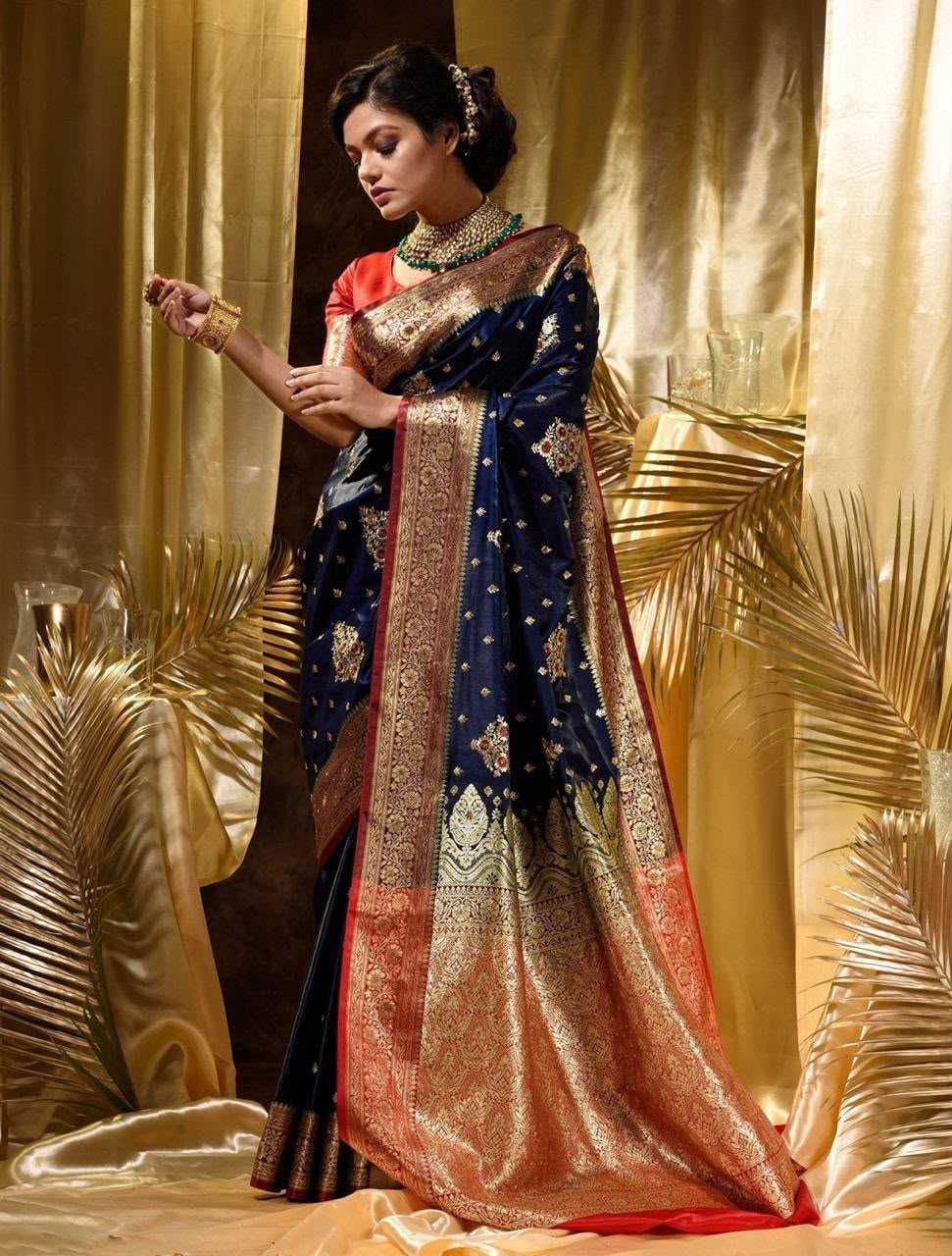 Lichi Silk Designer Saree in Navy Blue
