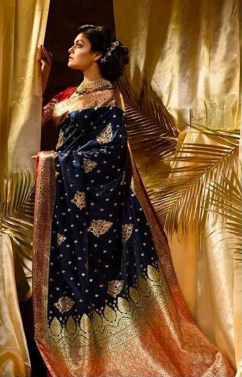 Lichi Silk Designer Saree in Navy Blue