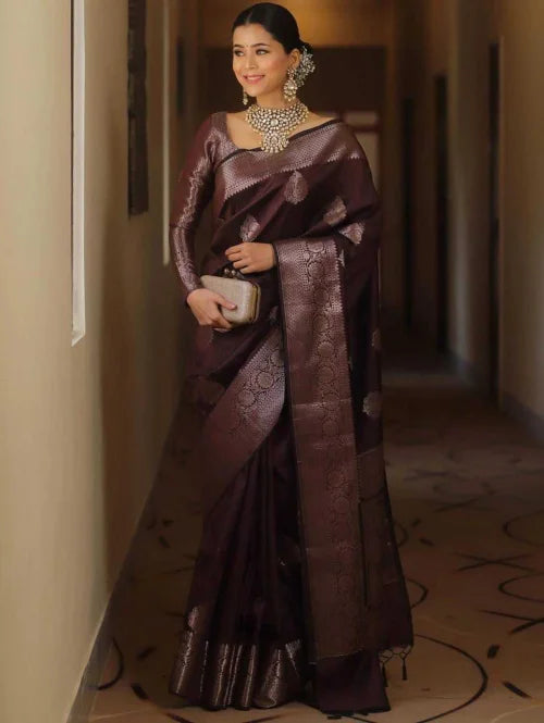 Lichi Silk Soft Saree in Coffee Brown