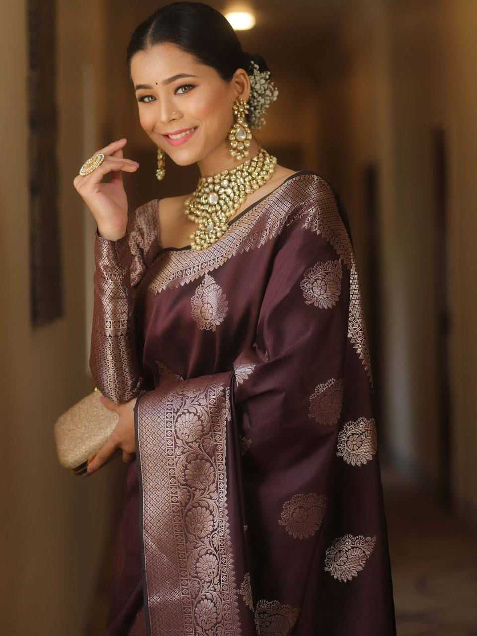 Lichi Silk Soft Saree in Coffee Brown