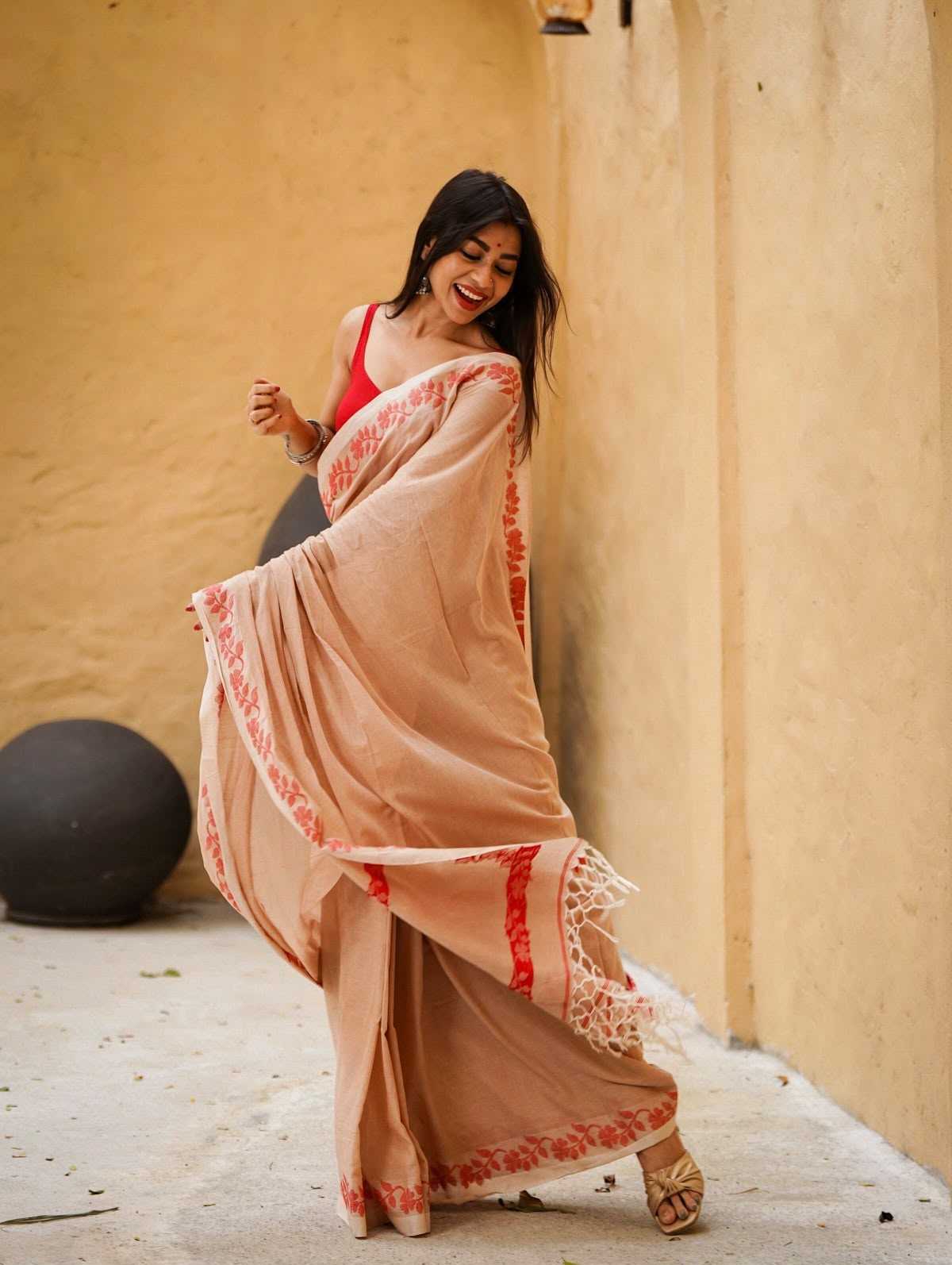 Cotton Printed Saree in Cream