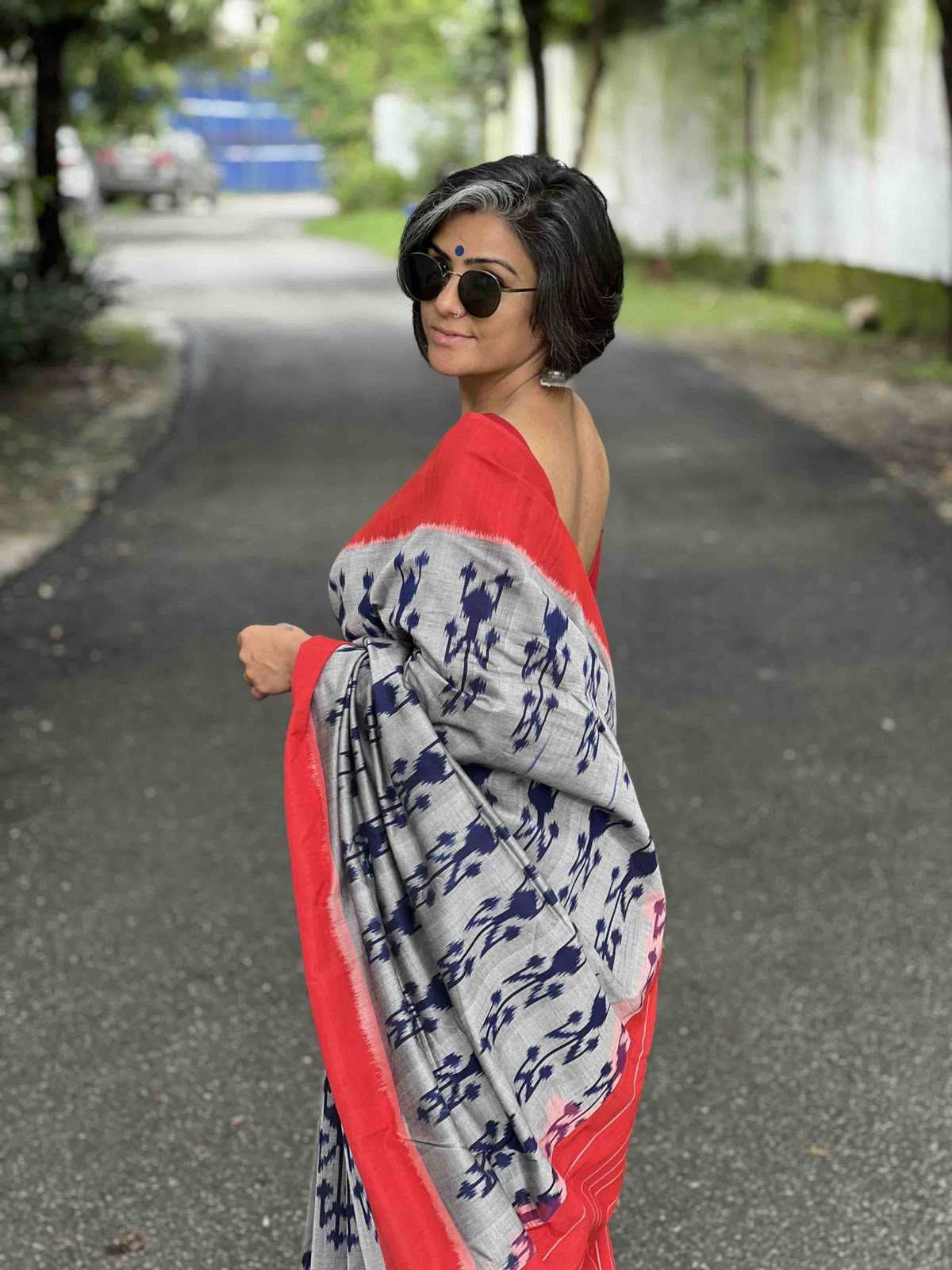 Cotton Printed Saree in Mid Grey