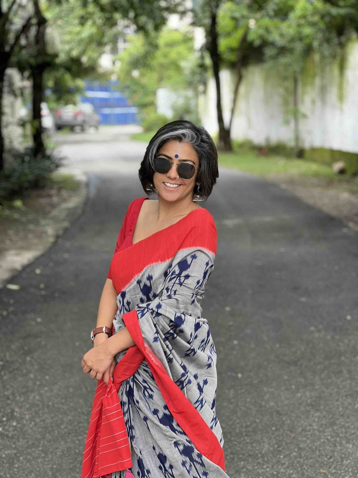 Cotton Printed Saree in Mid Grey
