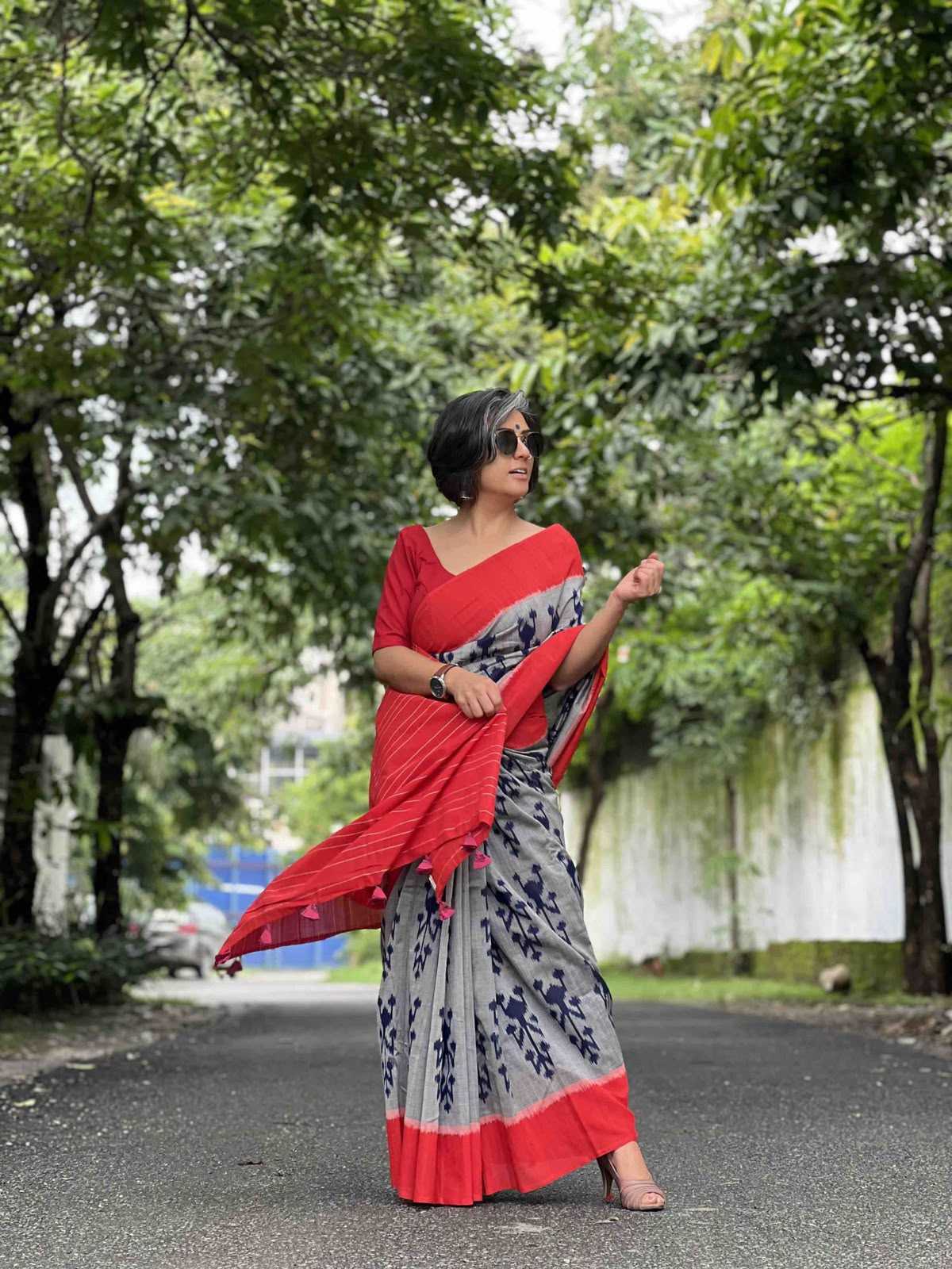 Cotton Printed Saree in Mid Grey