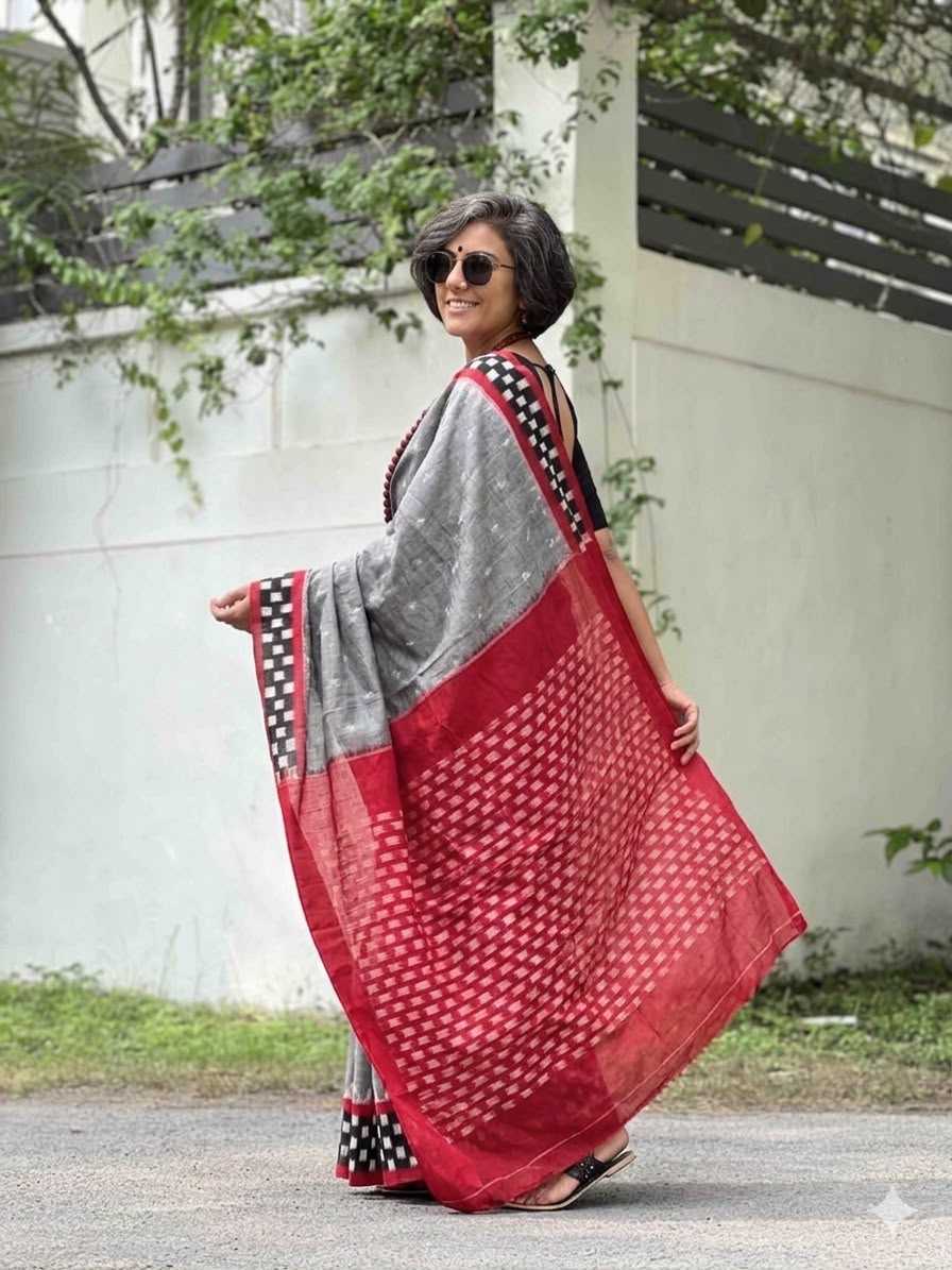 Cotton Printed Saree in Mid Grey