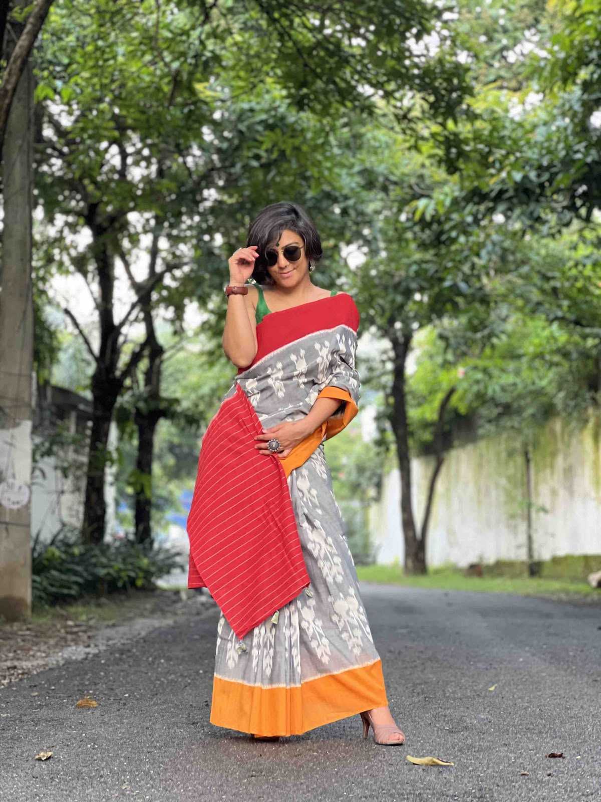 Cotton Printed Saree in Mid Grey
