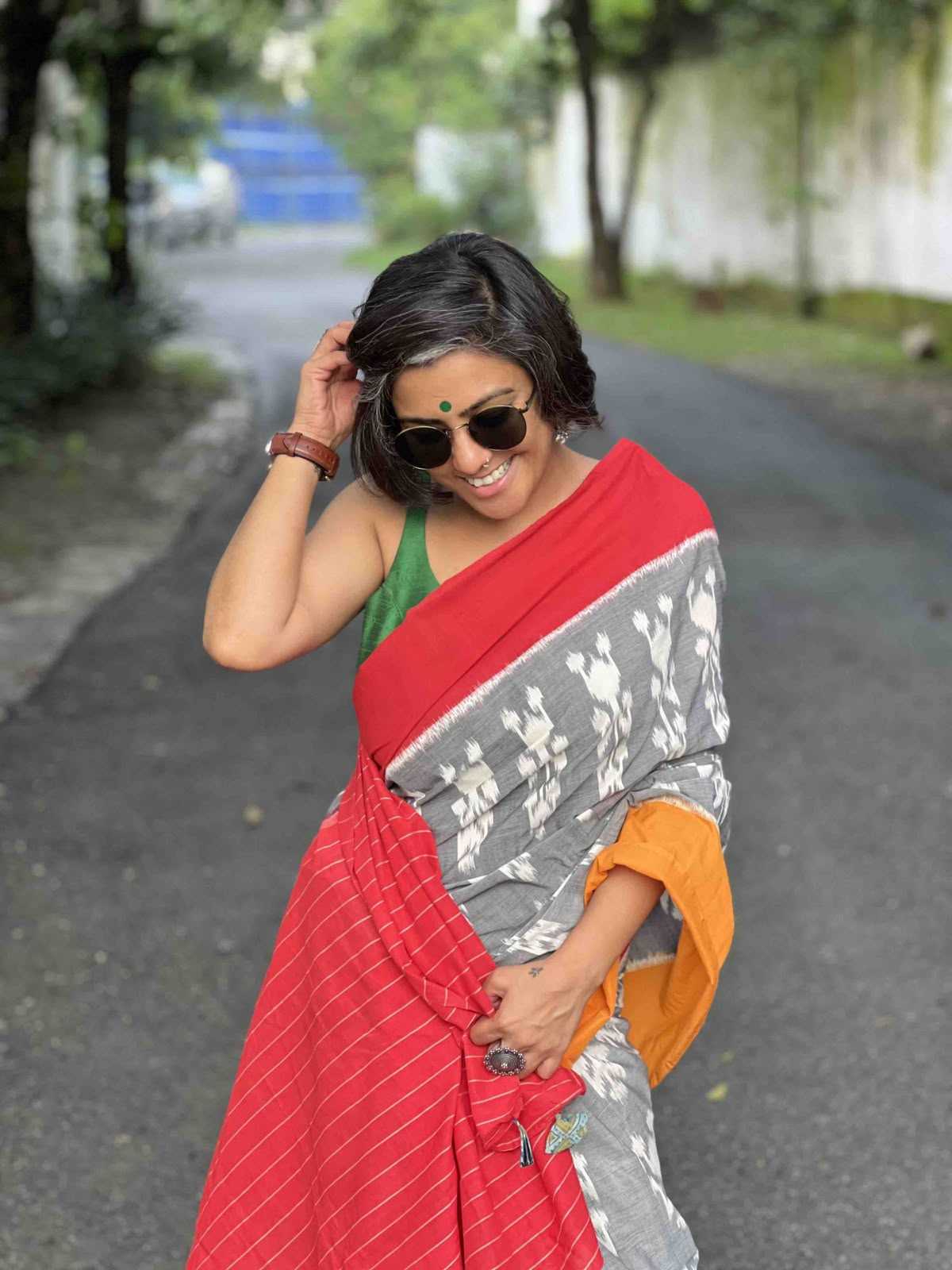 Cotton Printed Saree in Mid Grey