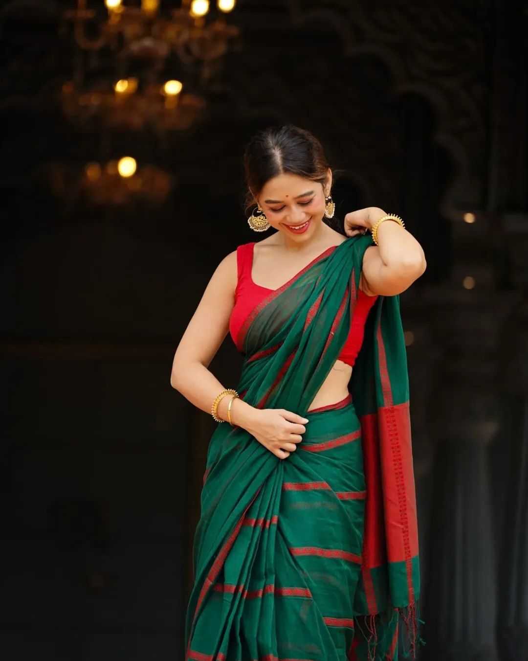 Cotton Printed Saree in Dark Green