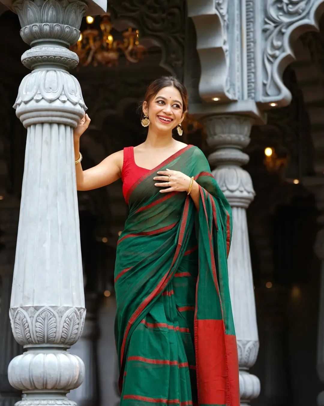 Cotton Printed Saree in Dark Green