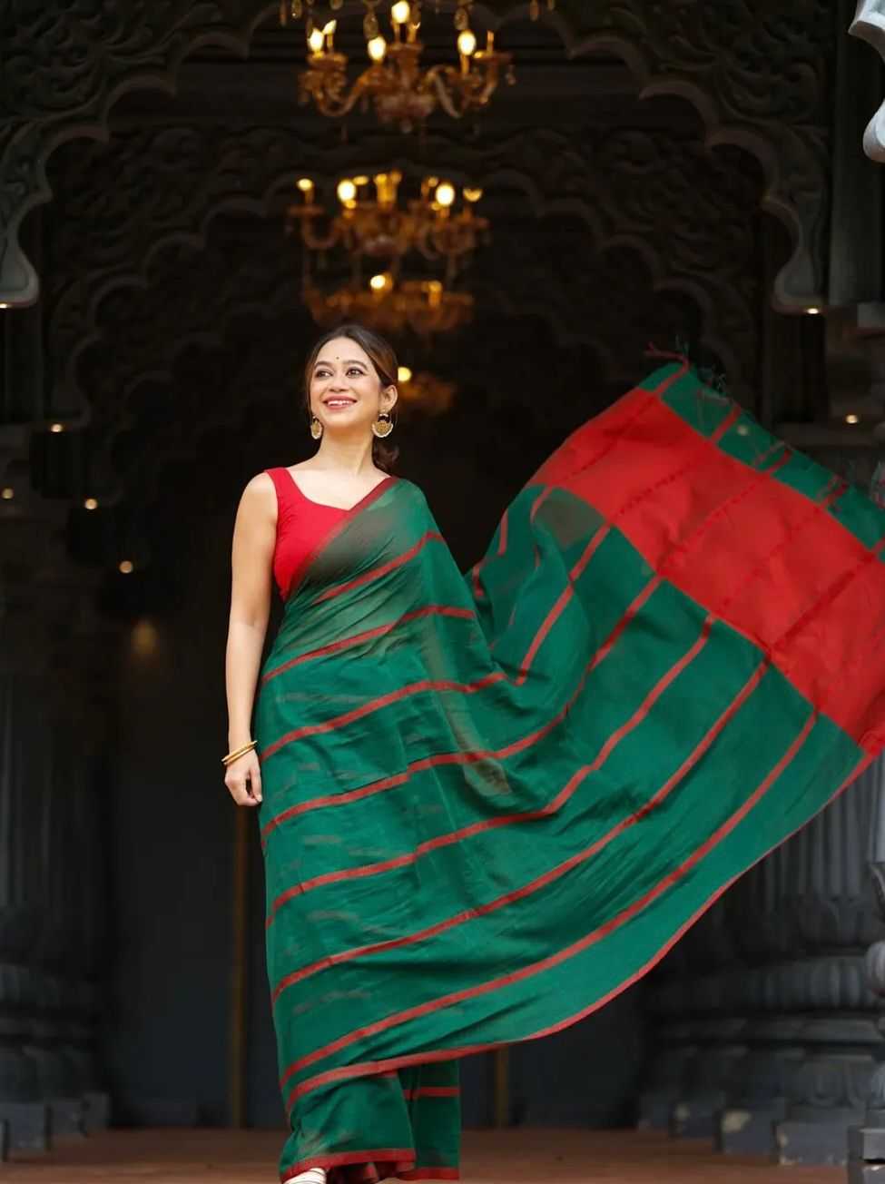 Cotton Printed Saree in Dark Green