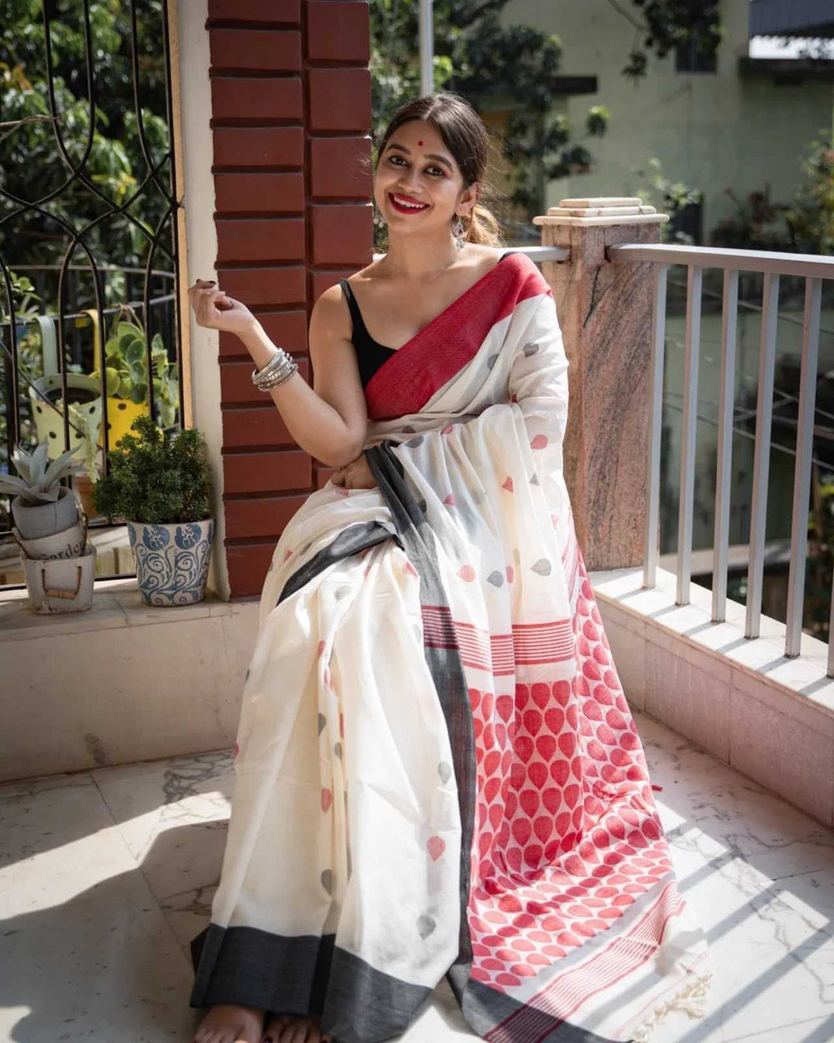Cotton Printed Saree in White